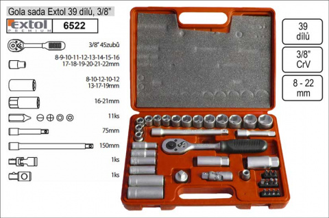 Gola sada Extol 39 dílů 3/8"