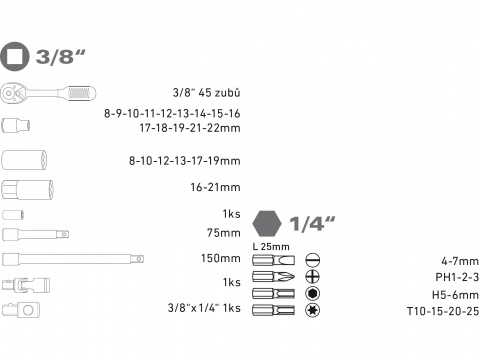Gola sada Extol 39 dílů 3/8"