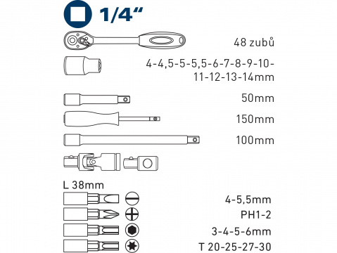 hlavice nástrčné a zástrčné, sada 31ks, 1/4", 61CrV5, FORTUM