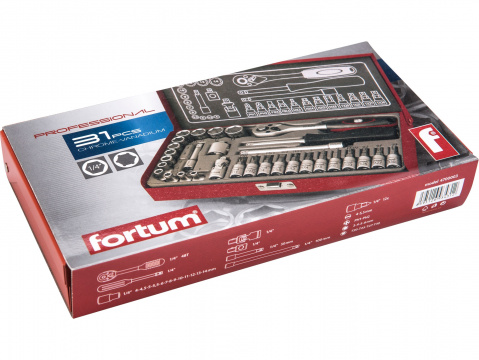 hlavice nástrčné a zástrčné, sada 31ks, 1/4", 61CrV5, FORTUM