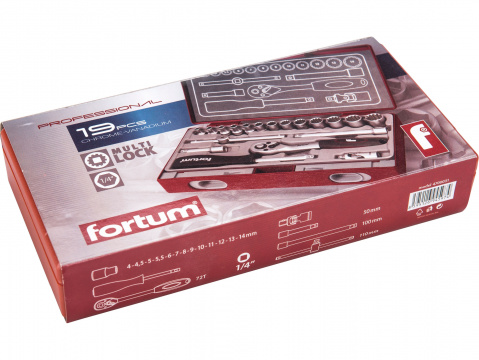 hlavice nástrčné MULTI-LOCK, sada 19ks, 1/4", 61CrV5, FORTUM