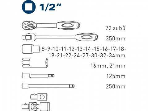 hlavice nástrčné, sada 27ks, 1/2", 61CrV5, FORTUM