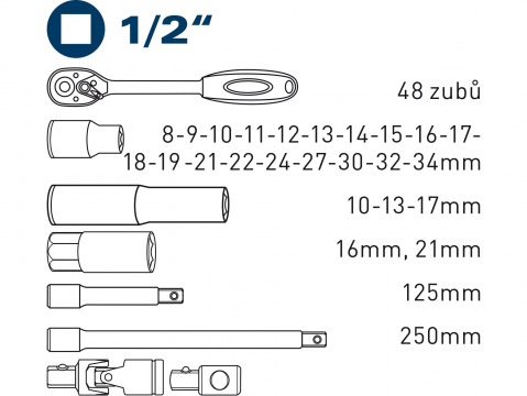 hlavice nástrčné, sada 29ks, 1/2", 61CrV5, FORTUM