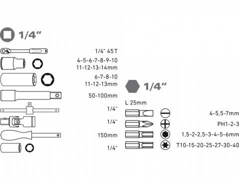hlavice nástrčné, sada 45ks, 1/4", CrV, EXTOL PREMIUM