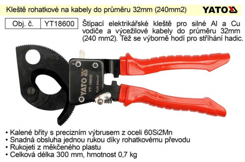 Kleště ráčnové rohatkové na kabely do průřezu 240mm2
