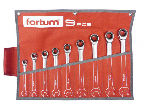 klíče ráčnové očkoploché, sada 9ks, 8-10-12-13-14-16-17-18-19mm, CrV/S2, FORTUM