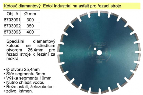 Kotouč diamantový  Extol Industrial na asfalt 350mm segmentový pro řezací stroje