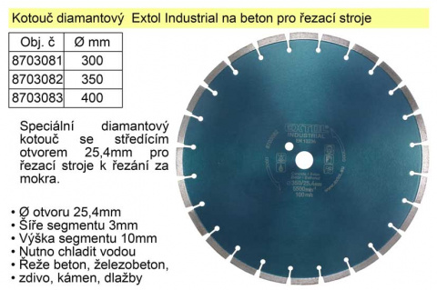 Kotouč diamantový  Extol Industrial na beton 400mm segmentový pro řezací stroje