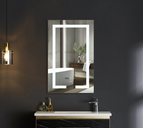 Koupelnové zrcadlo s LED osvětlením, protizamlžovací funkcí, regulací jasu a hodinkami, MR06-60×80 H | MR06-60×80 HARD