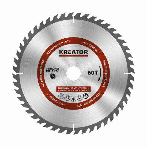 KREATOR kotouč pilový s SK plátky, 254x3x30mm, 60T, univerzální plast laminát kov