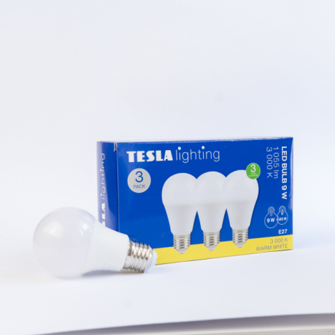 LED žárovka Tesla BULB E27, 9W, 230V, 1055lm, 25 000h, 3000K teplá bílá, 220st 3ks v balení
