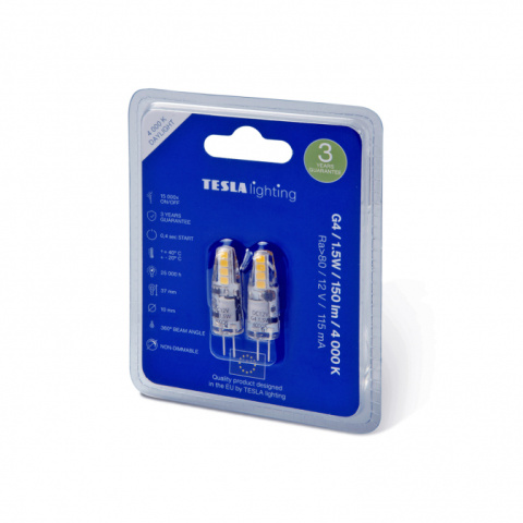 LED žárovka Tesla G4, 1,5W, 12V, 150lm, 25 000h, 4000K denní bílá, 360st 2ks v balení