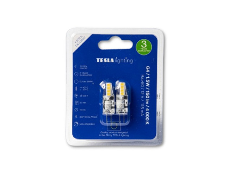 LED žárovka Tesla G4, 1,5W, 12V, 150lm, 25 000h, 4000K denní bílá, 360st 2ks v balení