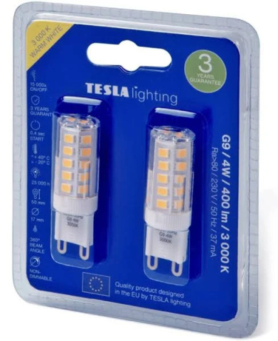 LED žárovka Tesla G9, 4W, 230V, 400lm, 25 000h, 3000K  teplá bílá, 360st 2ks v balení