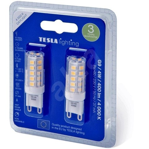 LED žárovka Tesla G9, 4W, 230V, 400lm, 25 000h, 4000K  denní bílá, 360st 2ks v balení