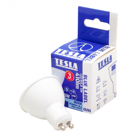 LED žárovka Tesla GU10, 5W, 230V, 410lm, 25 000h, 6500K studená bílá, 100st