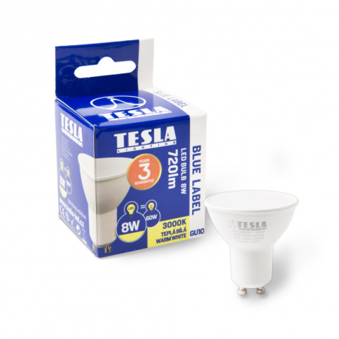 LED žárovka Tesla GU10, 7W, 230V, 720lm, 25 000h, 3000K teplá bílá, 100st