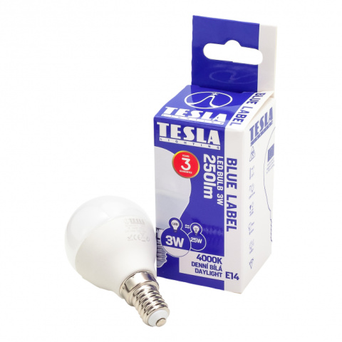 LED žárovka Tesla MiniGlobe BULB E14, 3W, 230V, 250lm, 15 000h, 4000K denní bílá, 180st