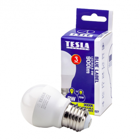 LED žárovka Tesla miniglobe BULB E27, 8W, 230V, 900lm, 25 000h, 3000K teplá bílá, 180st