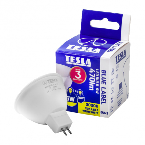 LED žárovka Tesla MR16 6W, 12V, 470lm, 25 000h, 3000K teplá bílá, 100st