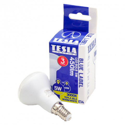 LED žárovka Tesla Reflektor R50, E14, 5W, 230V, 450lm, 25 000h, 3000K teplá bílá, 180st