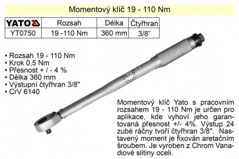 Momentový klíč ohybový  19 - 110 Nm 3/8"  Yato