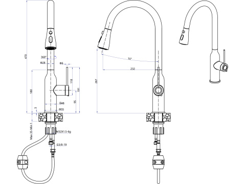 MUSA baterie dřezová JESSICA, stojánková se sprchou, karbonově černá/měděná 832402