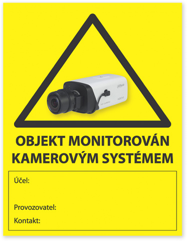 Nálepka KAMERA GDPR - výstražná nálepka, pole pro popis, účel, kontakt, žlutá