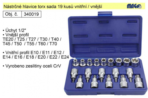 Nástrčné hlavice torx sada 19 kusů s vnitřním a vnější