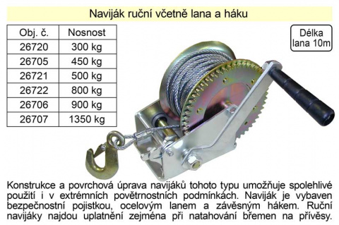 Naviják ruční včetně lana a háku, nosnost  500kg