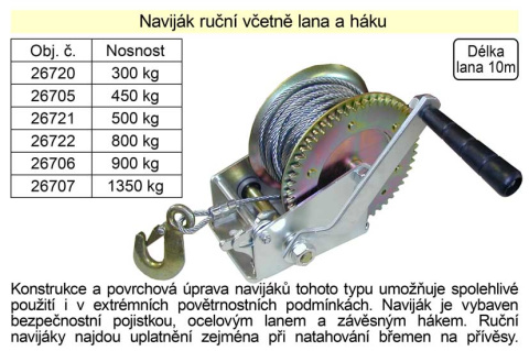 Naviják ruční včetně lana a háku, nosnost 800 kg