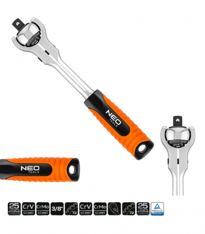 NEO TOOLS Ráčna 1/2" přepínací otočná hlava 360° 72 zubů, 250mm