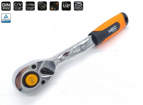 NEO TOOLS Ráčna 1/2" s páčkou, jemný chod 90 zubů, 250mm