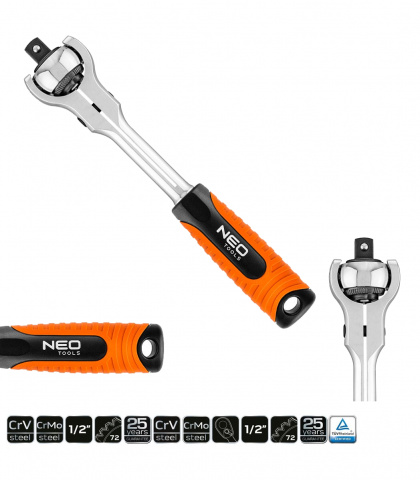 NEO TOOLS Ráčna 3/8" přepínací otočná hlava 360° 72 zubů, 200mm