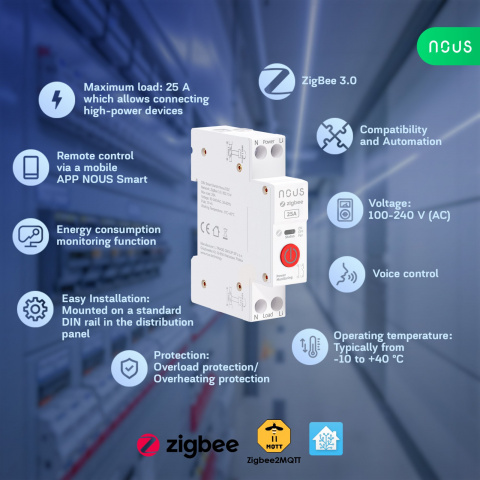 NOUS D3Z ZigBee Tuya chytrý spínač DIN 25A