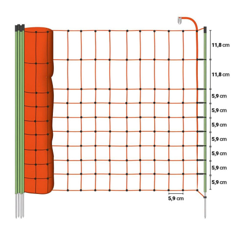 Oranžová vodivá ohradníková síť pro psy, králíky a kočky, výška 65 cm, délka 50 m, 1 hrot