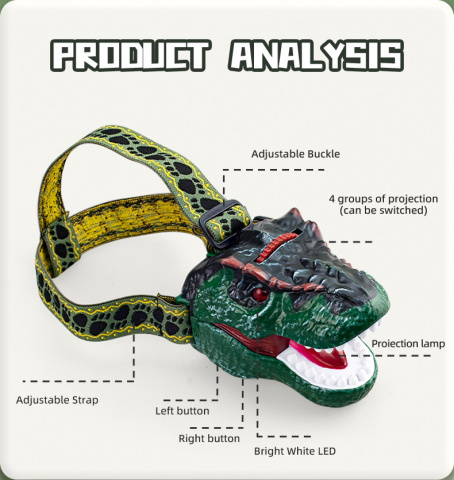 OXE LED čelová svítilna s projektorem, dinosaurus