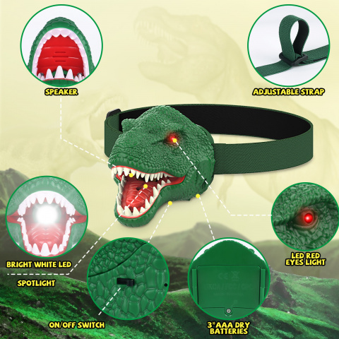 OXE LED čelová svítilna se zvukem dinosaurus, zelená