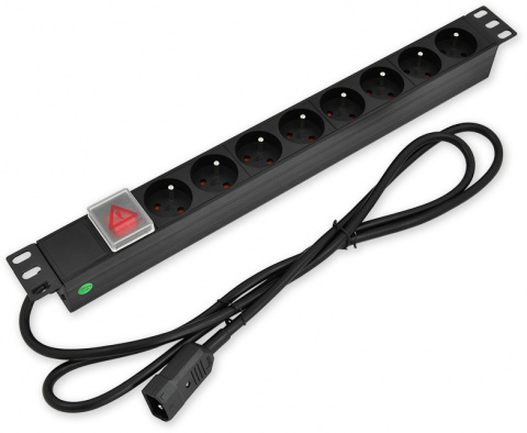 PD.0810.100 - 19" napájecí panel, 1U, 8x 230 V, vypínač, zástrčka C14