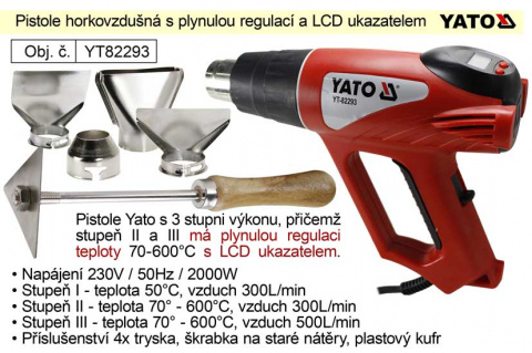 Pistole horkovzdušná Yato YT82293 s plynulou regulací teploty a LCD