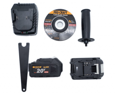 PROCRAFT PGA20 Aku úhlová bruska 125mm, bezuhlíková, 20V, tlačítkový vypínač, BEZ BATERIE
