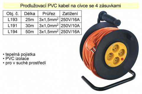 Prodlužovací kabel 25 m na cívce 4 zásuvky