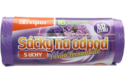 Pytel na odpad s uchy, 59x80 cm, 60 l, 21 mikronů, LDPE, s vůní levandule, fialový, role 16 ks