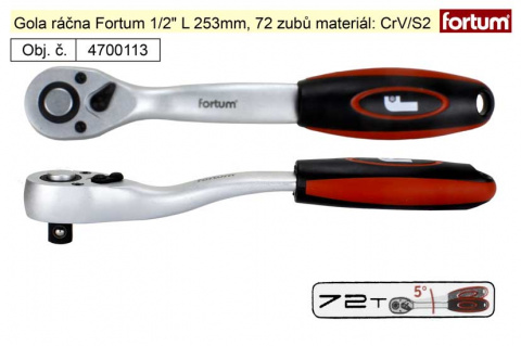 ráčna Mechanic, 1/2", L 253mm, 72 zubů, CrV/S2, FORTUM