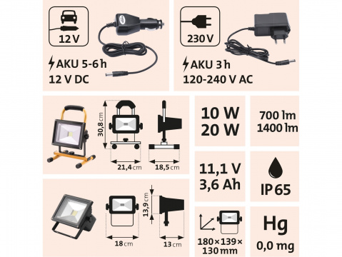 Reflektor LED 700 / 1400 lm dobíjecí s akumulátorem a se stojánkem Extol