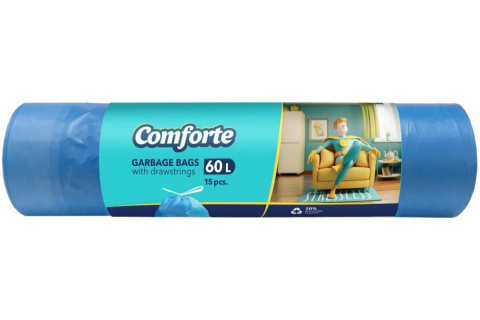 Sáček na odpad Comforte, 55 x 64 cm, 60 l, 15 mikronů, zatahovací, HDPE, 15 ks, modrý
