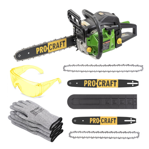 Sada benzínová řetězová pila Procraft GS-50/2, ochranné brýle a 3 páry pracovních rukavic GL-CPU9 | SGS-50-2/GL-CPU9/1E40F-SG/Y