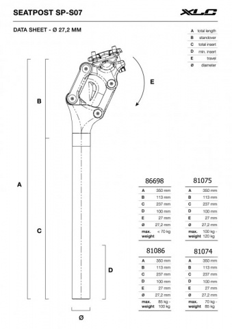 sedlovka 27.2 x 350mm XLC SP-S07 odpružená Al černá do 70kg