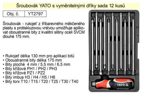 Šroubovák s vyměnitelnými prodlouženými bity Yato sada 12 kusů