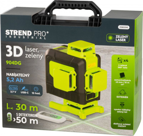 STREND PRO 904DG Křížový laser 3D 360° zelený paprsek, samonivelační, 30/50m, dál. ovladač
